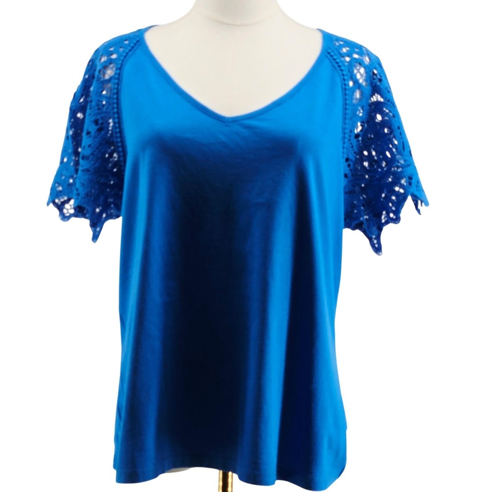 Soft Surroundings T-Shirt Womens L‎ Blue V-Neck Crochet Short Sleeve Relaxed Fit